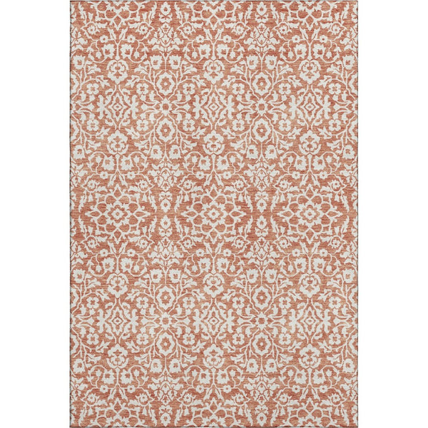 HomeRoots 10' X 14' Coral and Beige Damask Area Rug - Washable, Stain Resistant, UV Protected for Lasting Beauty 673109