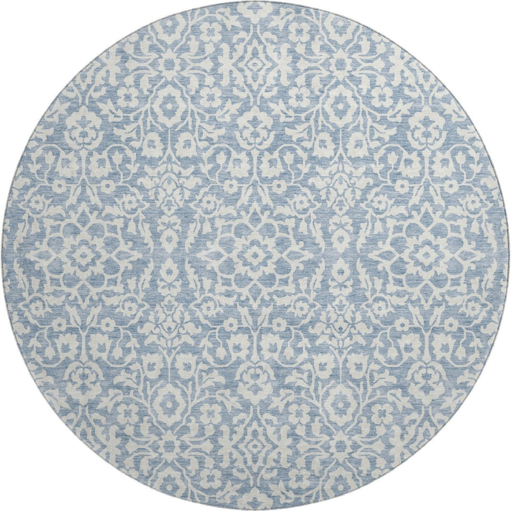 HomeRoots 8' Stylish Denim Blue and Ivory Damask Round Rug – UV Protected, Washable, and Stain-Resistant Design 673112