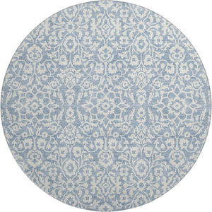 HomeRoots 8' Stylish Denim Blue and Ivory Damask Round Rug – UV Protected, Washable, and Stain-Resistant Design 673112