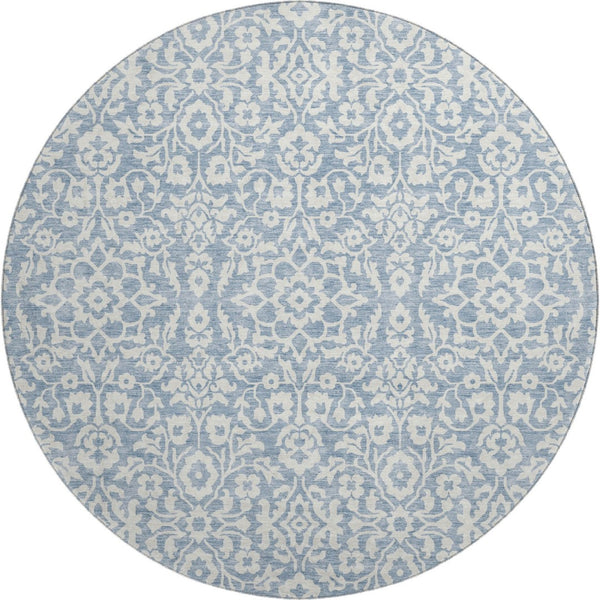 HomeRoots 8' Stylish Denim Blue and Ivory Damask Round Rug – UV Protected, Washable, and Stain-Resistant Design 673112