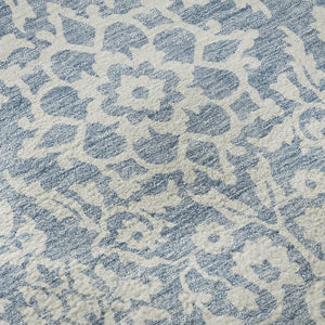 HomeRoots 8' Stylish Denim Blue and Ivory Damask Round Rug – UV Protected, Washable, and Stain-Resistant Design 673112