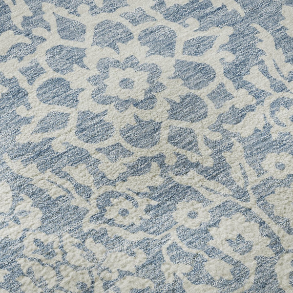 HomeRoots 8' Stylish Denim Blue and Ivory Damask Round Rug – UV Protected, Washable, and Stain-Resistant Design 673112