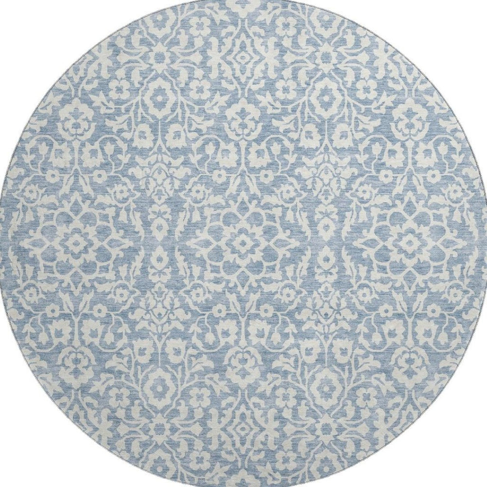 HomeRoots 8' Stylish Denim Blue and Ivory Damask Round Rug – UV Protected, Washable, and Stain-Resistant Design 673112