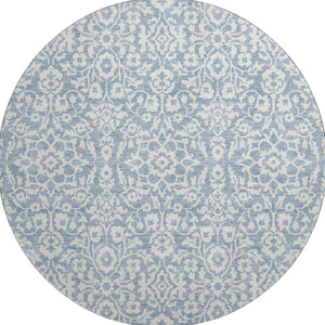 HomeRoots 8' Stylish Denim Blue and Ivory Damask Round Rug – UV Protected, Washable, and Stain-Resistant Design 673112