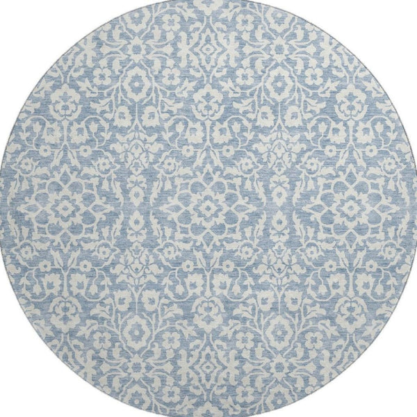 HomeRoots 8' Stylish Denim Blue and Ivory Damask Round Rug – UV Protected, Washable, and Stain-Resistant Design 673112