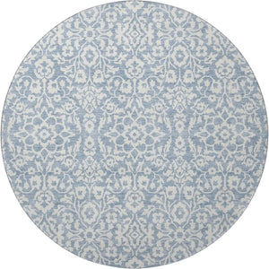 HomeRoots 8' Stylish Denim Blue and Ivory Damask Round Rug – UV Protected, Washable, and Stain-Resistant Design 673112