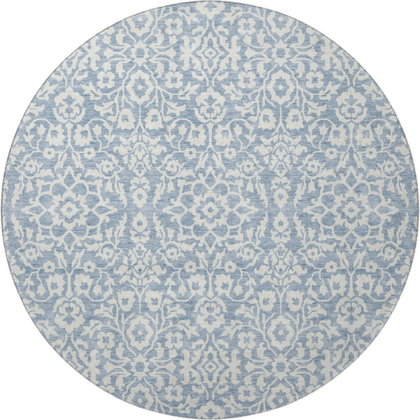 HomeRoots 8' Stylish Denim Blue and Ivory Damask Round Rug – UV Protected, Washable, and Stain-Resistant Design 673112