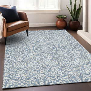 HomeRoots 8' X 10' Denim Blue and Ivory Damask Area Rug - Washable, UV Protected, Stylish for Any Space! 673113