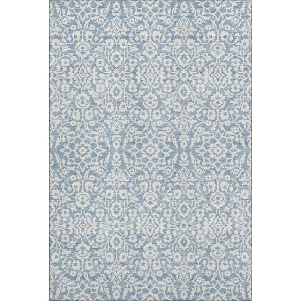 HomeRoots 8' X 10' Denim Blue and Ivory Damask Area Rug - Washable, UV Protected, Stylish for Any Space! 673113