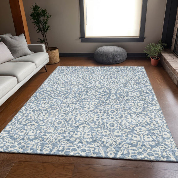 HomeRoots 8' X 10' Denim Blue and Ivory Damask Area Rug - Washable, UV Protected, Stylish for Any Space! 673113