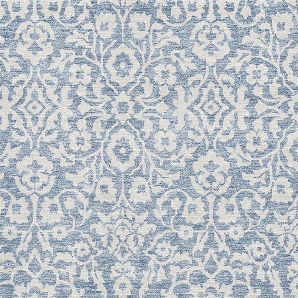 HomeRoots 8' X 10' Denim Blue and Ivory Damask Area Rug - Washable, UV Protected, Stylish for Any Space! 673113