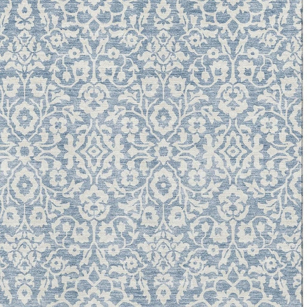 HomeRoots 8' X 10' Denim Blue and Ivory Damask Area Rug - Washable, UV Protected, Stylish for Any Space! 673113