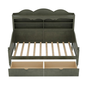 English Elm Twin Daybed Retro Wood Frame with Under Bed Drawers and Headboard Shelving Antique Grey N733S415358E