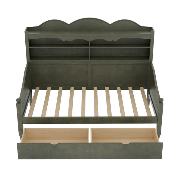 English Elm Twin Daybed Retro Wood Frame with Under Bed Drawers and Headboard Shelving Antique Grey N733S415358E