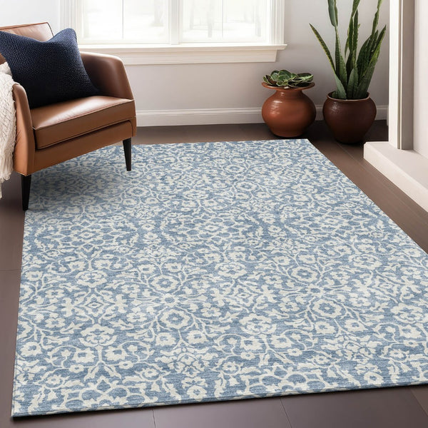 HomeRoots 9' Denim Blue & Ivory Damask Area Rug - Washable, UV Protected, Stain Resistant, Durable Design 673114