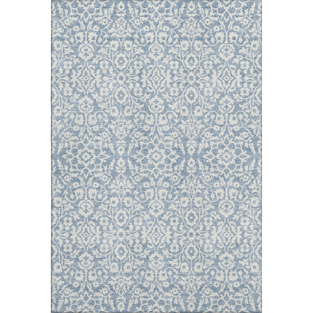 HomeRoots 9' Denim Blue & Ivory Damask Area Rug - Washable, UV Protected, Stain Resistant, Durable Design 673114