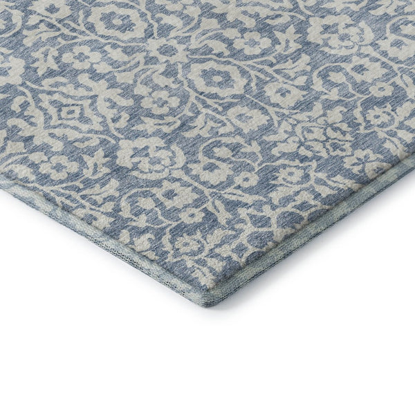 HomeRoots 9' Denim Blue & Ivory Damask Area Rug - Washable, UV Protected, Stain Resistant, Durable Design 673114