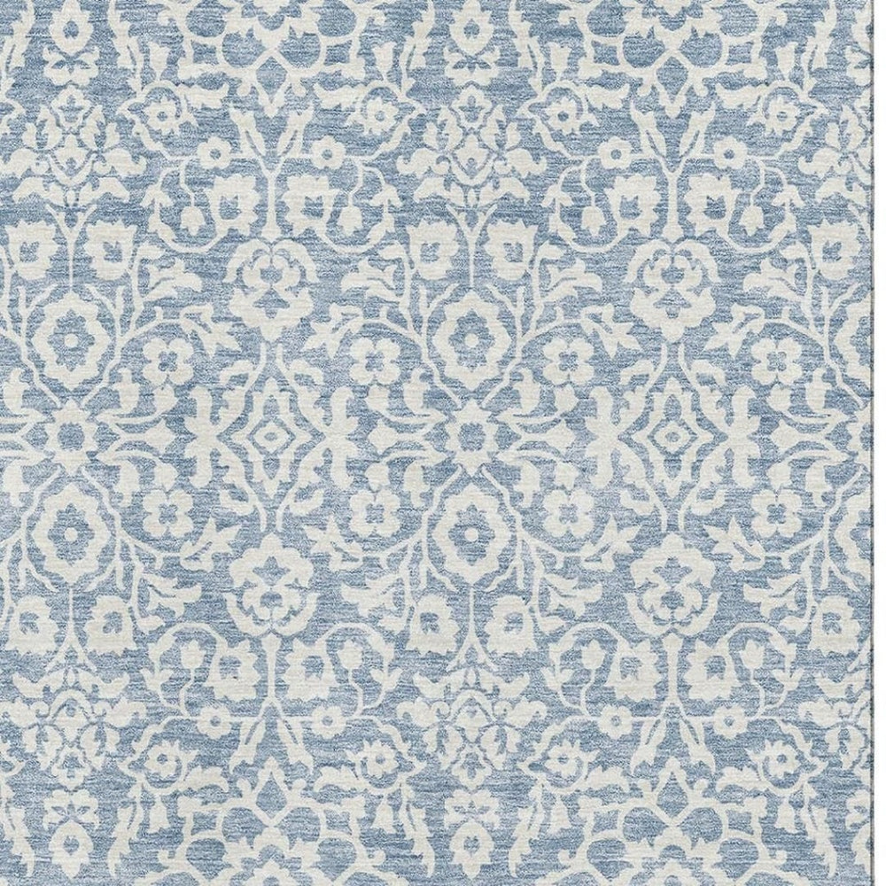 HomeRoots 9' Denim Blue & Ivory Damask Area Rug - Washable, UV Protected, Stain Resistant, Durable Design 673114