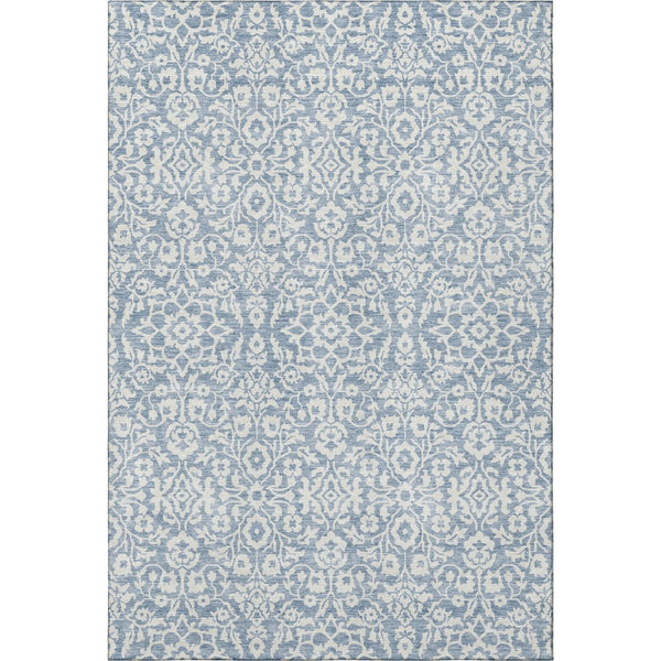 HomeRoots 9' Denim Blue & Ivory Damask Area Rug - Washable, UV Protected, Stain Resistant, Durable Design 673114