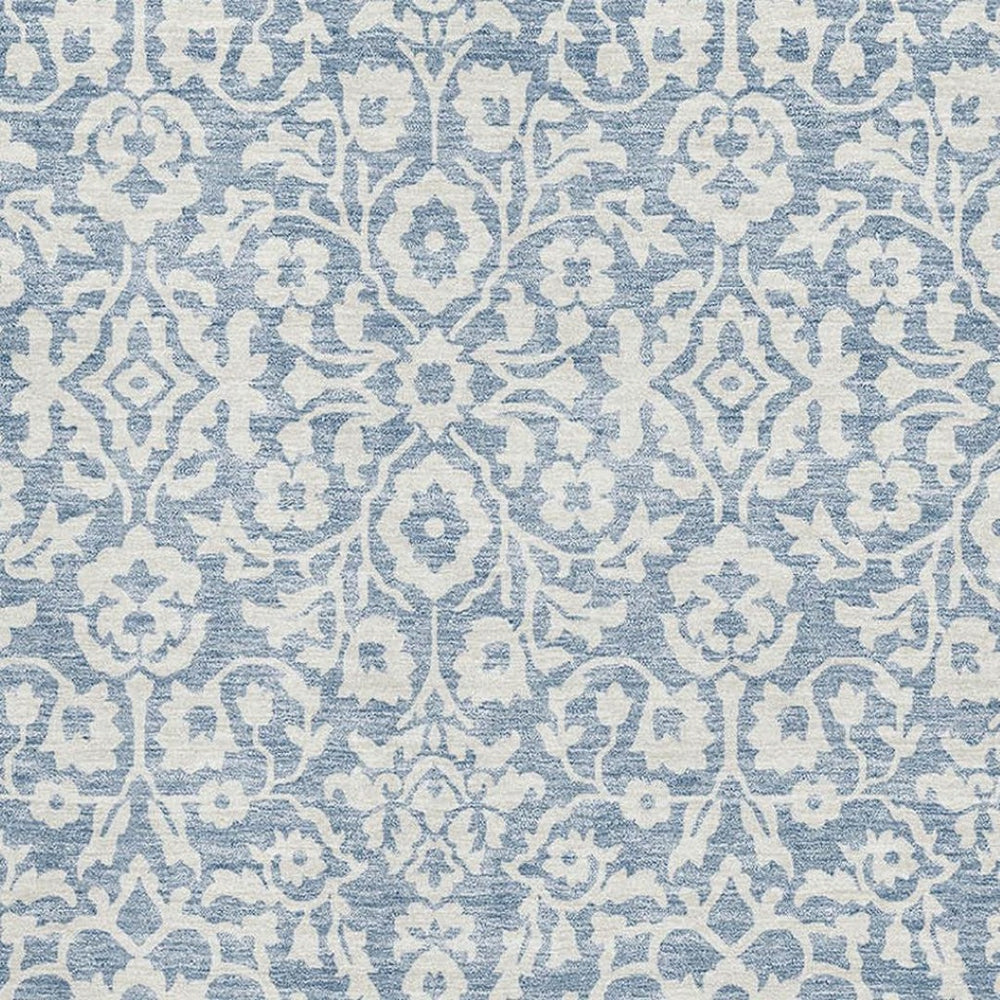 HomeRoots 10' X 14' Denim Blue Damask Rug - Washable, UV-Protected, Stain-Resistant for Kids & Pets’ Durability 673115