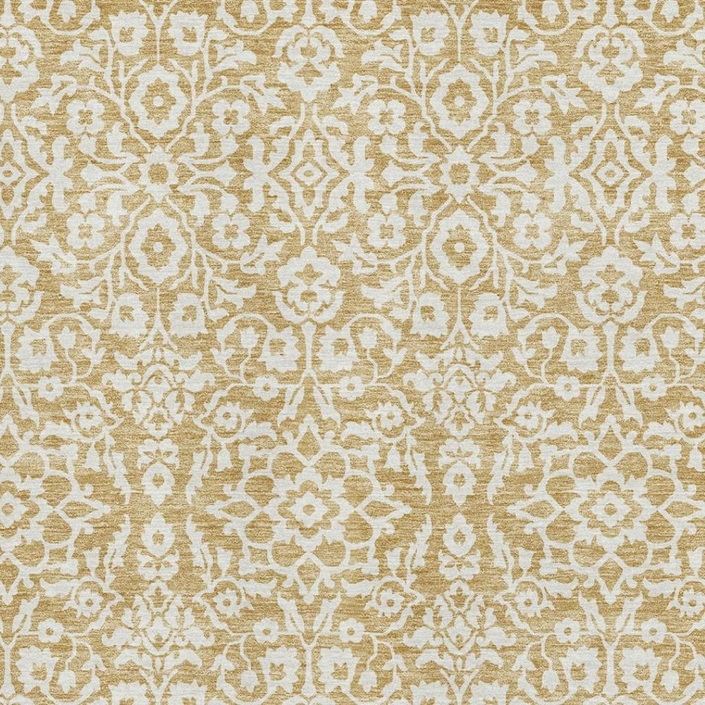 HomeRoots 5' X 8' Elegant Gold and Ivory Damask Washable Area Rug with UV Protection for Family Spaces 673117