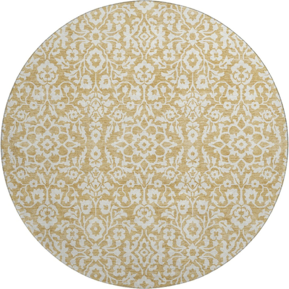 HomeRoots 8' Gold And Ivory Damask Round Rug – Washable, UV-Protected, Stain-Resistant for Modern Homes 673118