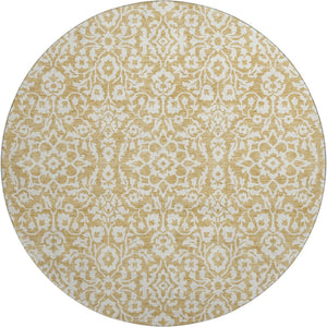 HomeRoots 8' Gold And Ivory Damask Round Rug – Washable, UV-Protected, Stain-Resistant for Modern Homes 673118