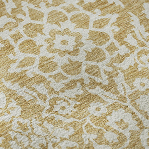 HomeRoots 8' Gold And Ivory Damask Round Rug – Washable, UV-Protected, Stain-Resistant for Modern Homes 673118