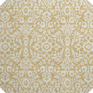 HomeRoots 8' Gold And Ivory Damask Round Rug – Washable, UV-Protected, Stain-Resistant for Modern Homes 673118