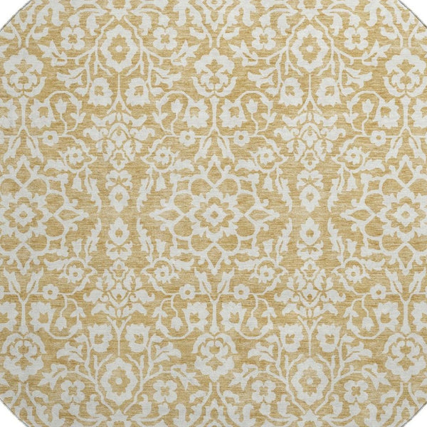 HomeRoots 8' Gold And Ivory Damask Round Rug – Washable, UV-Protected, Stain-Resistant for Modern Homes 673118