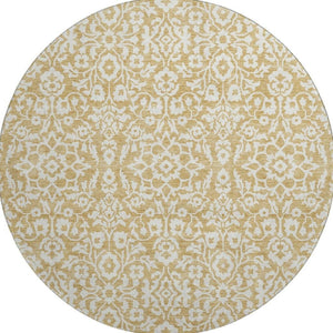 HomeRoots 8' Gold And Ivory Damask Round Rug – Washable, UV-Protected, Stain-Resistant for Modern Homes 673118