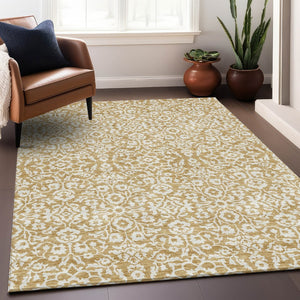 HomeRoots 8' X 10' Gold & Ivory Damask Area Rug – Washable, UV Protected, Stain Resistant for High-Traffic Use 673119