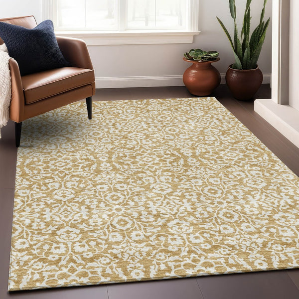 HomeRoots 8' X 10' Gold & Ivory Damask Area Rug – Washable, UV Protected, Stain Resistant for High-Traffic Use 673119