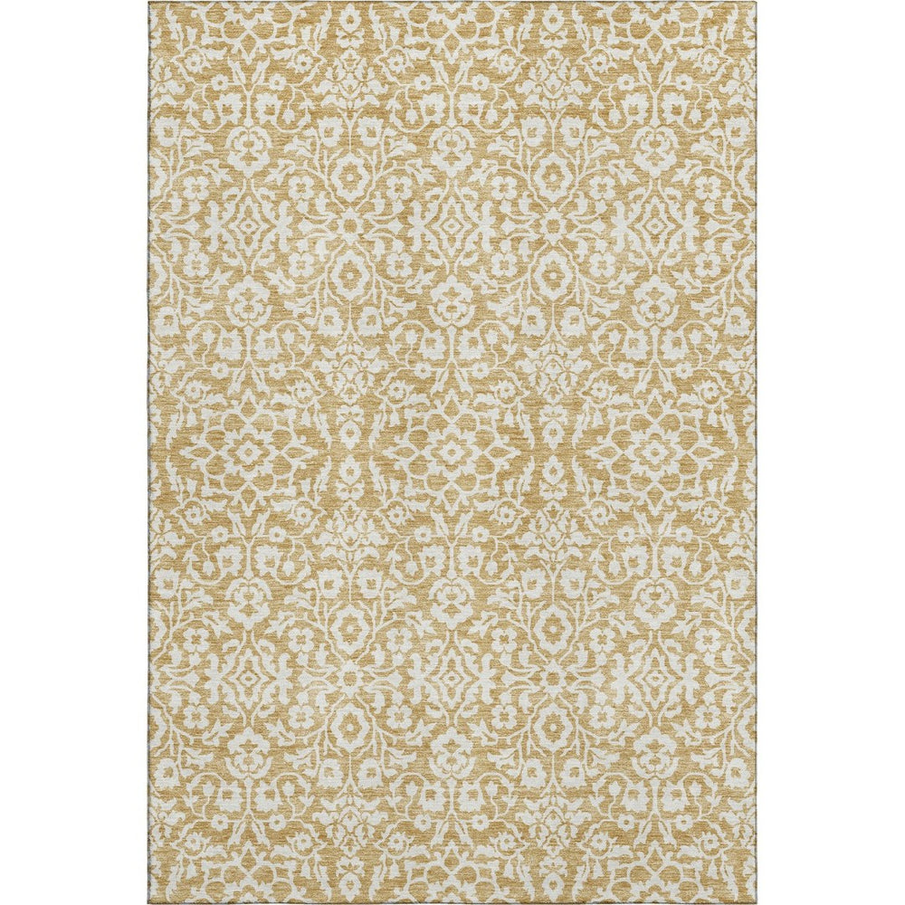 HomeRoots 8' X 10' Gold & Ivory Damask Area Rug – Washable, UV Protected, Stain Resistant for High-Traffic Use 673119