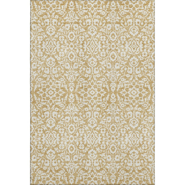 HomeRoots 8' X 10' Gold & Ivory Damask Area Rug – Washable, UV Protected, Stain Resistant for High-Traffic Use 673119