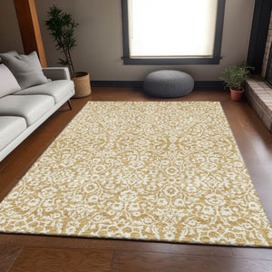 HomeRoots 8' X 10' Gold & Ivory Damask Area Rug – Washable, UV Protected, Stain Resistant for High-Traffic Use 673119