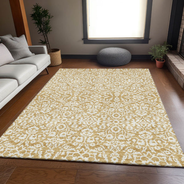 HomeRoots 8' X 10' Gold & Ivory Damask Area Rug – Washable, UV Protected, Stain Resistant for High-Traffic Use 673119