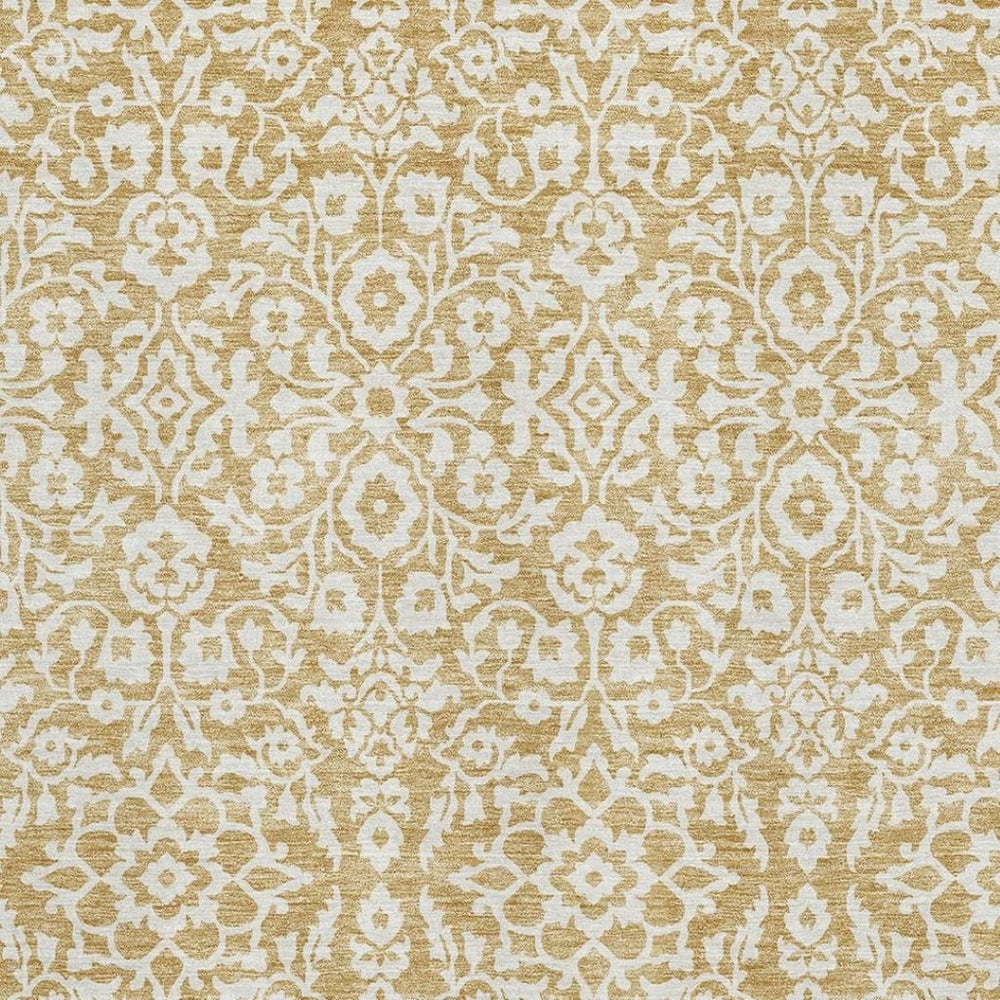 HomeRoots 8' X 10' Gold & Ivory Damask Area Rug – Washable, UV Protected, Stain Resistant for High-Traffic Use 673119