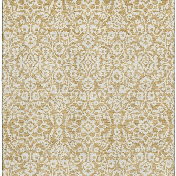 HomeRoots 8' X 10' Gold & Ivory Damask Area Rug – Washable, UV Protected, Stain Resistant for High-Traffic Use 673119