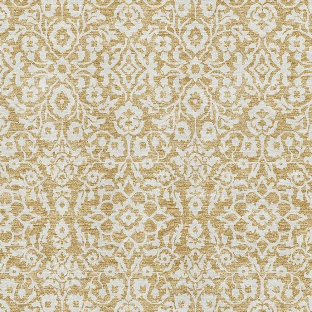 HomeRoots 9' X 12' Gold And Ivory Damask Area Rug – Washable, UV Protected, Stain Resistant for High Traffic Homes 673120