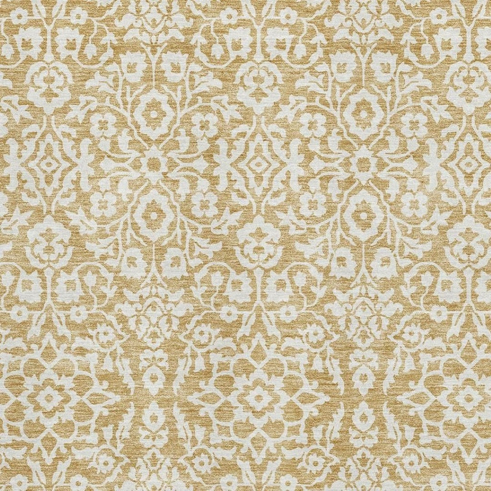 HomeRoots 10' X 14' Luxurious Gold and Ivory Damask Area Rug - Washable, Stain-Resistant, UV Protected Style! 673121