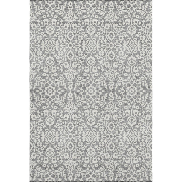 HomeRoots 5' Classic Gray and Ivory Damask Area Rug - Washable, UV-Protected, Stain-Resistant for Homes 673123