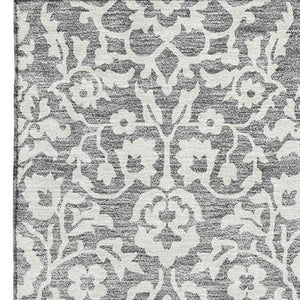 HomeRoots 5' Classic Gray and Ivory Damask Area Rug - Washable, UV-Protected, Stain-Resistant for Homes 673123
