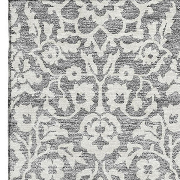 HomeRoots 5' Classic Gray and Ivory Damask Area Rug - Washable, UV-Protected, Stain-Resistant for Homes 673123