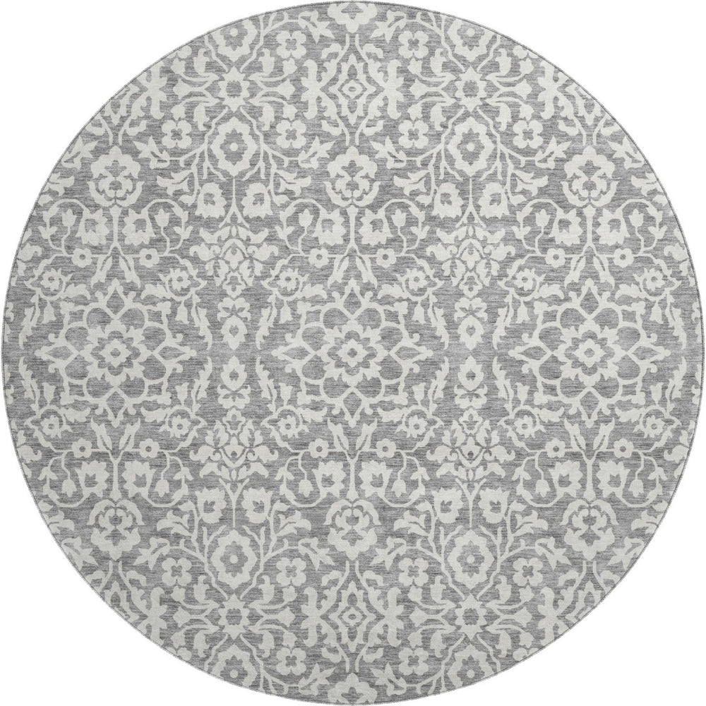 HomeRoots 8' Gray and Ivory Damask Round Rug – Washable, UV-Protected, Durable & Stylish for Any Space! 673124