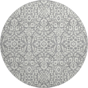HomeRoots 8' Gray and Ivory Damask Round Rug – Washable, UV-Protected, Durable & Stylish for Any Space! 673124