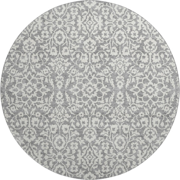 HomeRoots 8' Gray and Ivory Damask Round Rug – Washable, UV-Protected, Durable & Stylish for Any Space! 673124
