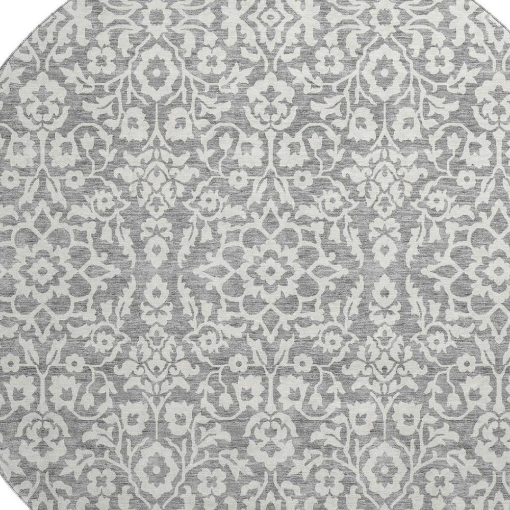 HomeRoots 8' Gray and Ivory Damask Round Rug – Washable, UV-Protected, Durable & Stylish for Any Space! 673124