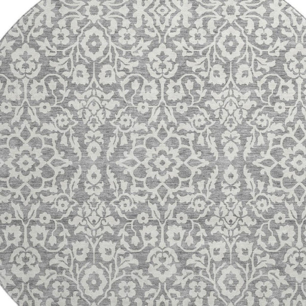 HomeRoots 8' Gray and Ivory Damask Round Rug – Washable, UV-Protected, Durable & Stylish for Any Space! 673124