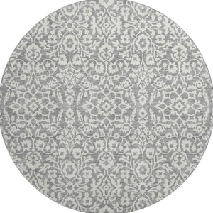HomeRoots 8' Gray and Ivory Damask Round Rug – Washable, UV-Protected, Durable & Stylish for Any Space! 673124